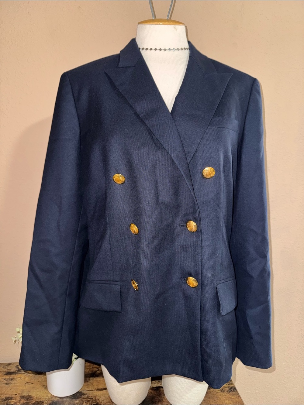 Chaps 100% Wool Navy Double-Breasted Blazer with Gold Tone Buttons Women’s 16